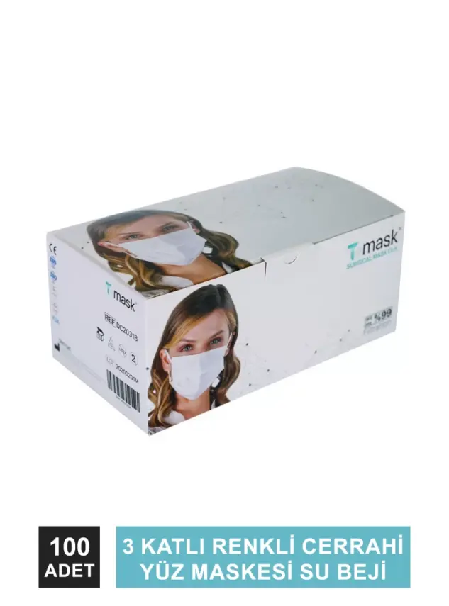 Dentac T-Mask 3 Katlı Renkli Cerrahi Yüz Maskesi Su Beji 100 Adet -2 x 50LI Kutu- - 4