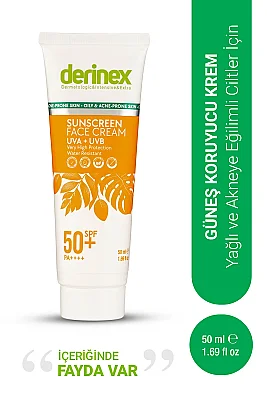 Derinex Güneş Koruyucu Yüz Kremi Spf 50+ Yağlı ve Akneli Ciltler 50ml - Derinex