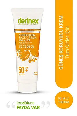 Derinex Tüm Ciltler İçin Güneş Koruyucu SPF50+ Yüz Kremi 50 ml - Derinex