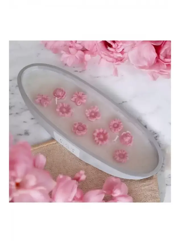 Ebruli Sanat Tasarım %100 Soya Wax Beton Döküm Sunum İçinde Beyaz Mum Üstünde Pembe Çiçek Mumlar - 1