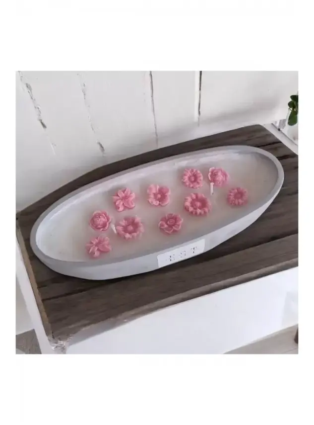 Ebruli Sanat Tasarım %100 Soya Wax Beton Döküm Sunum İçinde Beyaz Mum Üstünde Pembe Çiçek Mumlar - 2