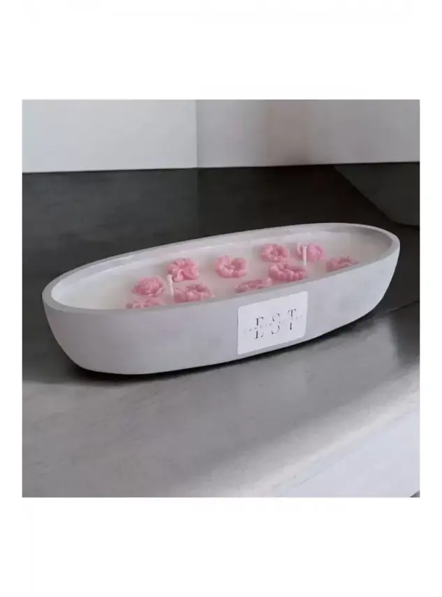 Ebruli Sanat Tasarım %100 Soya Wax Beton Döküm Sunum İçinde Beyaz Mum Üstünde Pembe Çiçek Mumlar - 3