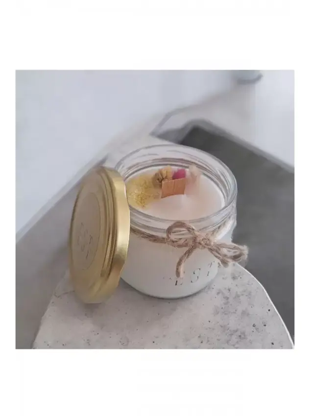 Ebruli Sanat Tasarım %100 Soya Wax Ev Dekorasyonu Cam Kavanoz Çiçek Süslemeli Beyaz Mum - 1