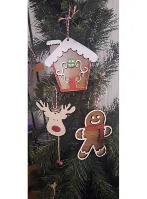 Ebruli Sanat Tasarım 3’lü Dekoratif Süs, Noel Geyiği, Şans Evi, Kurabiye Adam - 2