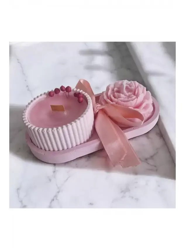 Ebruli Sanat Tasarım 3’lü Set Pembe Beton Döküm ve Soya Wax Mum Seti - 1