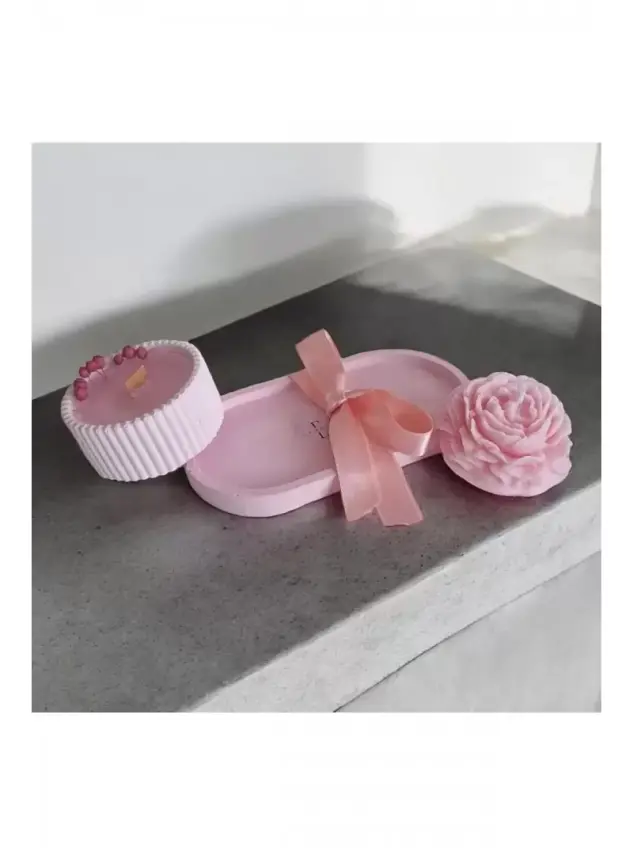 Ebruli Sanat Tasarım 3’lü Set Pembe Beton Döküm ve Soya Wax Mum Seti - 3