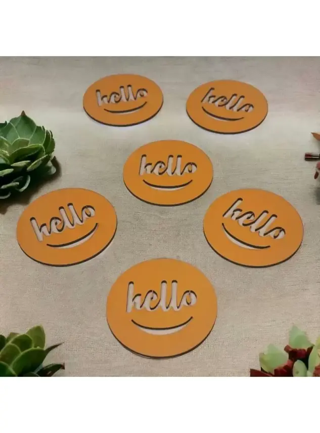 Ebruli Sanat Tasarım 6’lı Sarı Ahşap Bardak Altlığı - Hello - 1