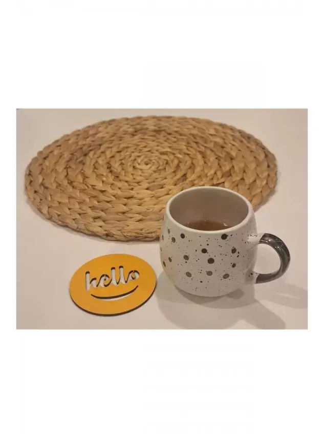 Ebruli Sanat Tasarım 6’lı Sarı Ahşap Bardak Altlığı Hello - 1