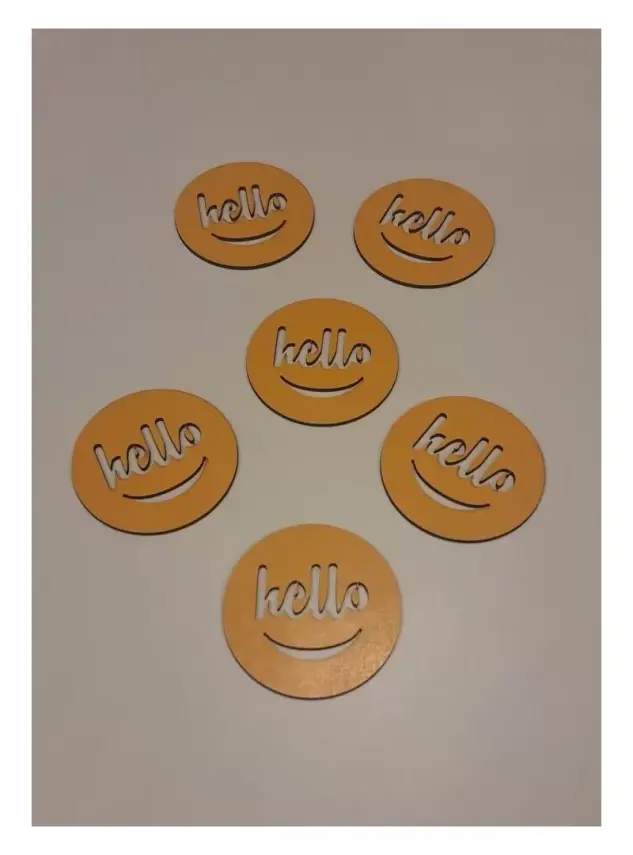 Ebruli Sanat Tasarım 6’lı Sarı Ahşap Bardak Altlığı Hello - 3