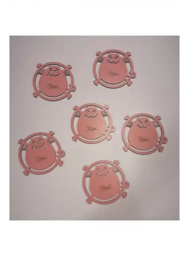 Ebruli Sanat Tasarım 6’lı Set Pembe Ahşap Bardak Altlığı Kedili - 1