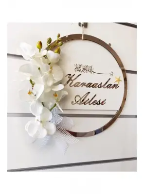 Ebruli Sanat Tasarım Gümüş Renkli Orkideli Kişiye Özel Pleksi Yazılı Kapı Süsü - 2