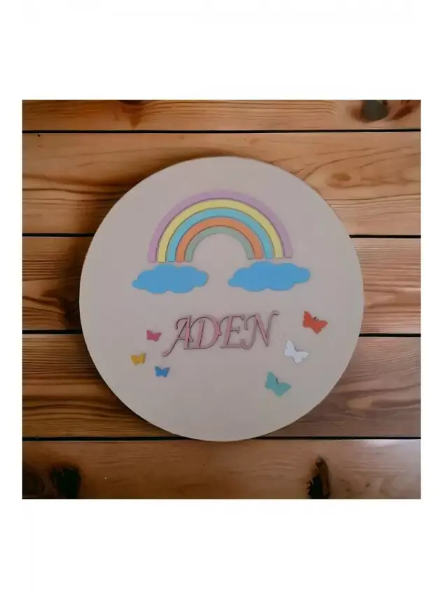 Ebruli Sanat Tasarım Rainbow Desenli Sağlam Ahşap Çocuk Odası Kapı Süsü - 1