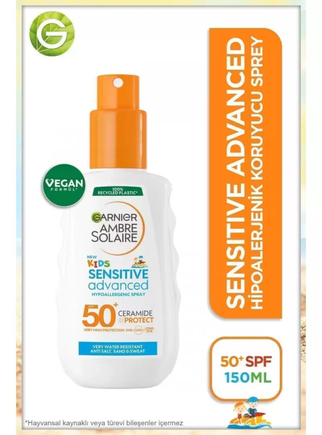 Garnier Ambre Solaire Kids Sensitive Advanced Sprey SPF 50+ - Çocuklar İçin Hassas Cilt Güneş Koruyucu Sprey - 150 ml - Garnier