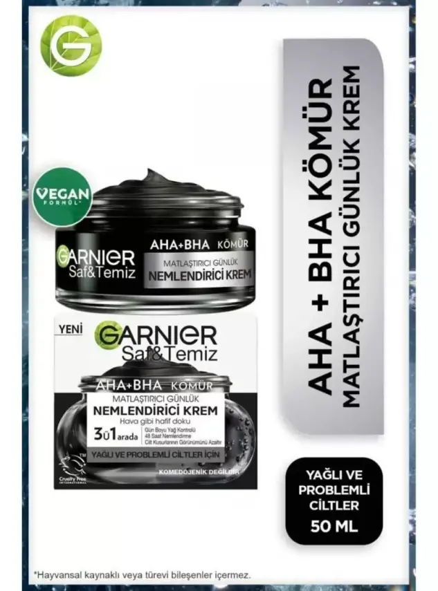 Garnier Saf ve Temiz AHA&BHA Kömür Matlaştırıcı Günlük Nemlendirici Krem 50 ml - 1
