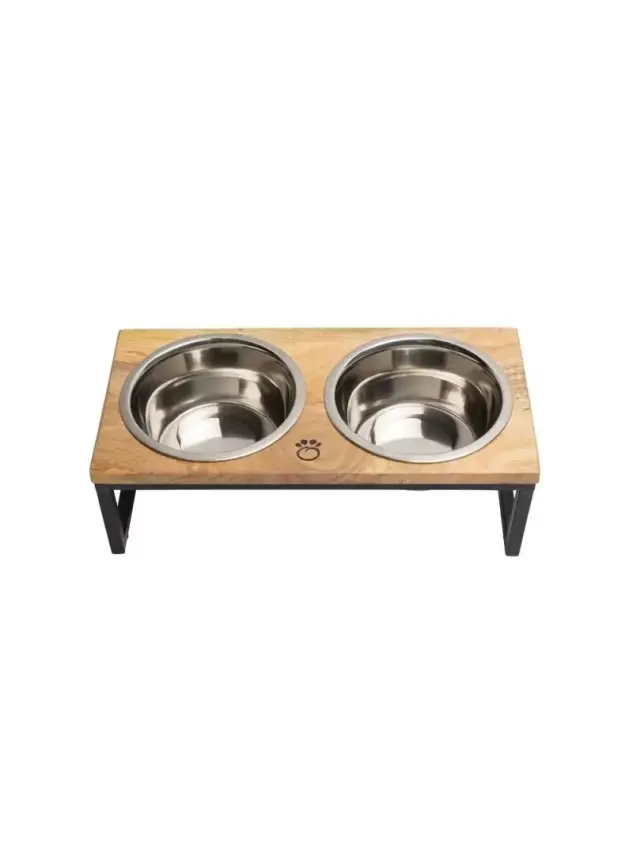 GF PET Kedi ve Köpek Ahşap Kaplı İkili Mama ve Su Kabı Small - 1