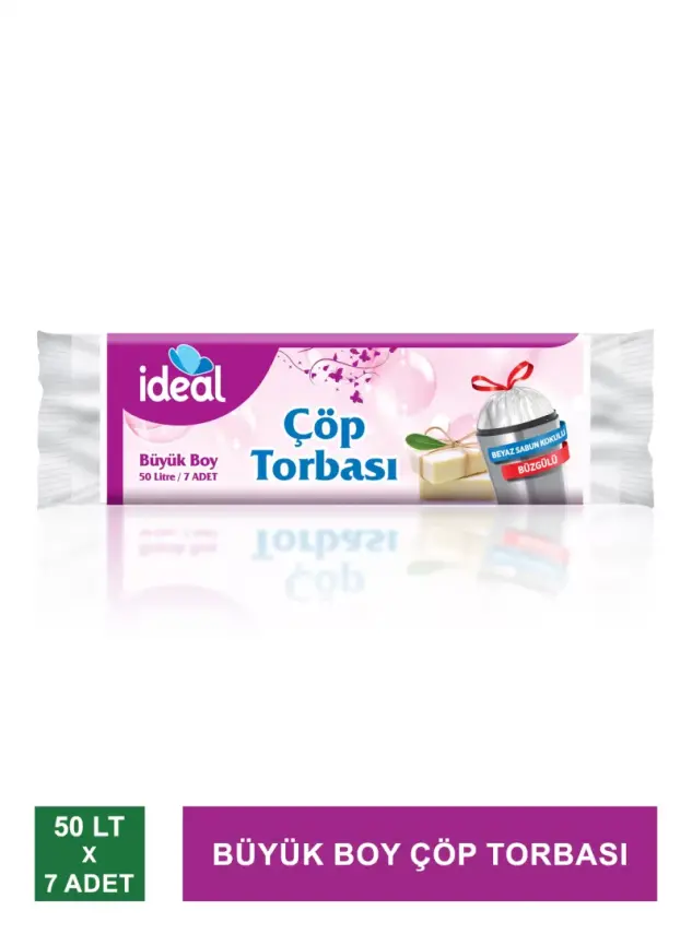 İdeal Büyük Boy Çöp Torbası / Büzgülü ve Beyaz Sabun Kokulu 7 Adet - 65x70 cm- - 1