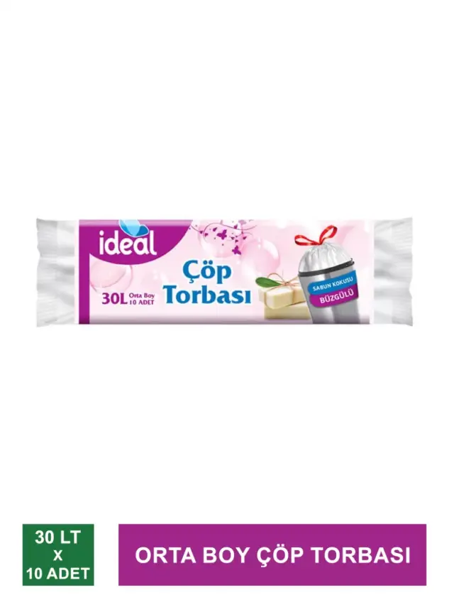 İdeal Orta Boy Çöp Torbası / Büzgülü ve Beyaz Sabun Kokulu 10 Adet - 50x60 cm- - 1