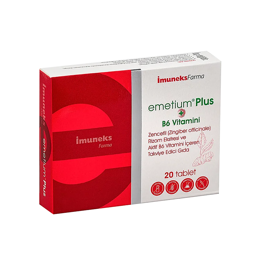 İmuneks Emetium Plus Zencefil Rizom Ekstresi Ve Aktif B6 Vitamini Içeren Takviye Edici Gıda 20 Tablet - 1