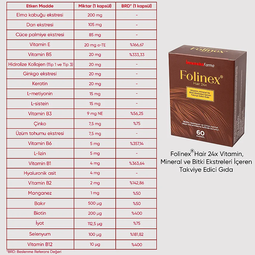 Imuneks Folinex Hair 24x Vitamin, Mineral ve Bitki Ekstreleri İçeren Takviye Edici Gıda 60 kapsül - 3