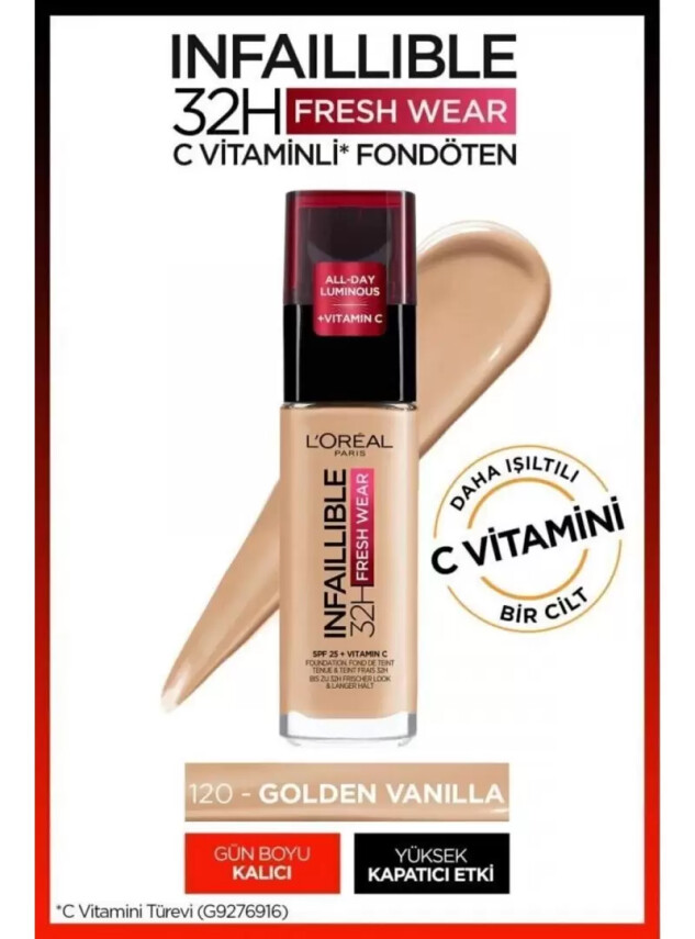 Loreal Paris Infaillible 32H Fresh Wear C Vitaminli Fondöten - 120 Vanille/Vanil 30ml - Loreal