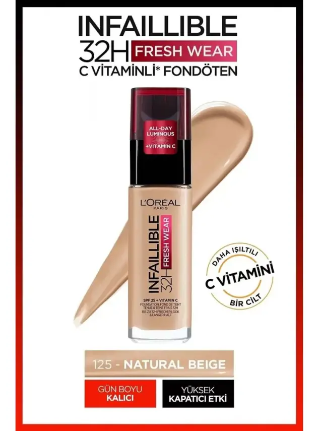 Loreal Paris Infaillible 32H Fresh Wear C Vitaminli Fondöten - 125 Naturel Rose 30ml - 1