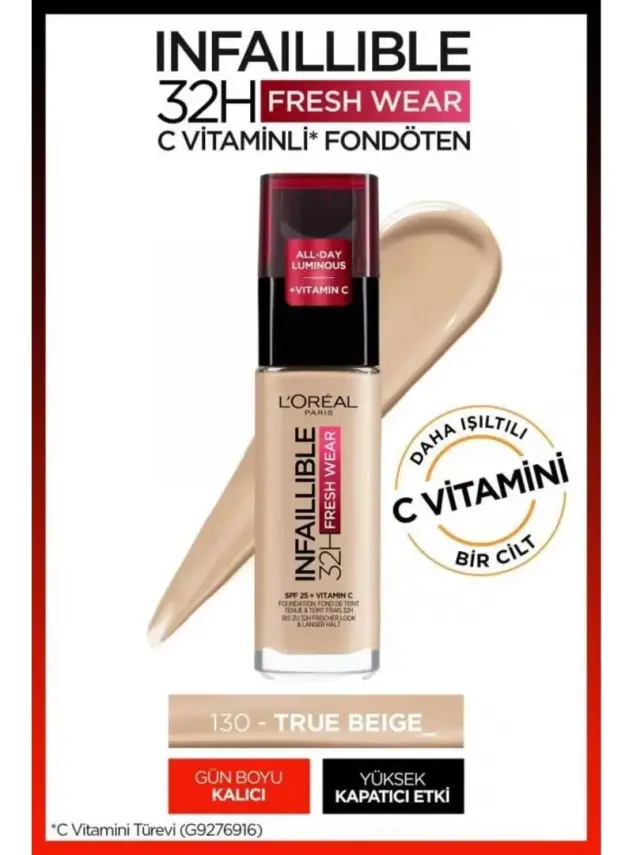 Loreal Paris Infaillible 32H Fresh Wear C Vitaminli Fondöten - 130 Beige Peau 30ml - 1