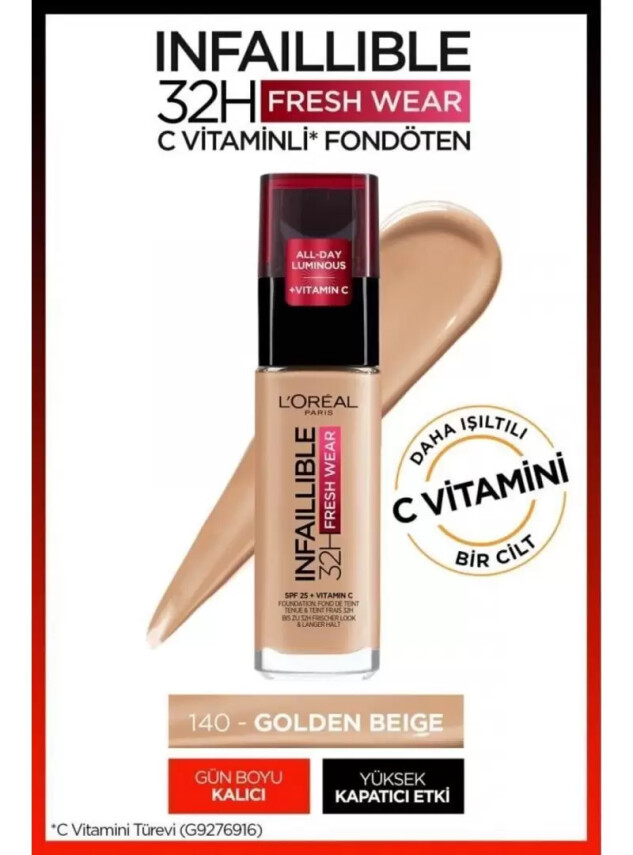 Loreal Paris Infaillible 32H Fresh Wear C Vitaminli Fondöten - 140 Beige Dore/Go 30ml - Loreal