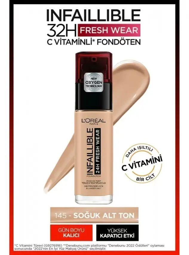 Loreal Paris Infaillible 32H Fresh Wear C Vitaminli Fondöten - 145 BeigeRose 30ml - 1