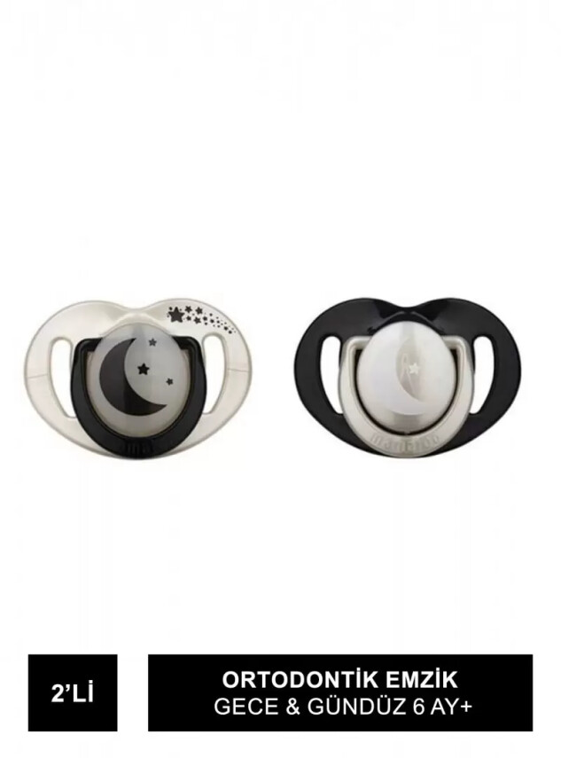 Mamajoo Sterilizasyon & Saklama Kutulu Pearl & Black Desenli İkili Ortodontik Emzik Gece & Gündüz 6 Ay+ - Mamajoo