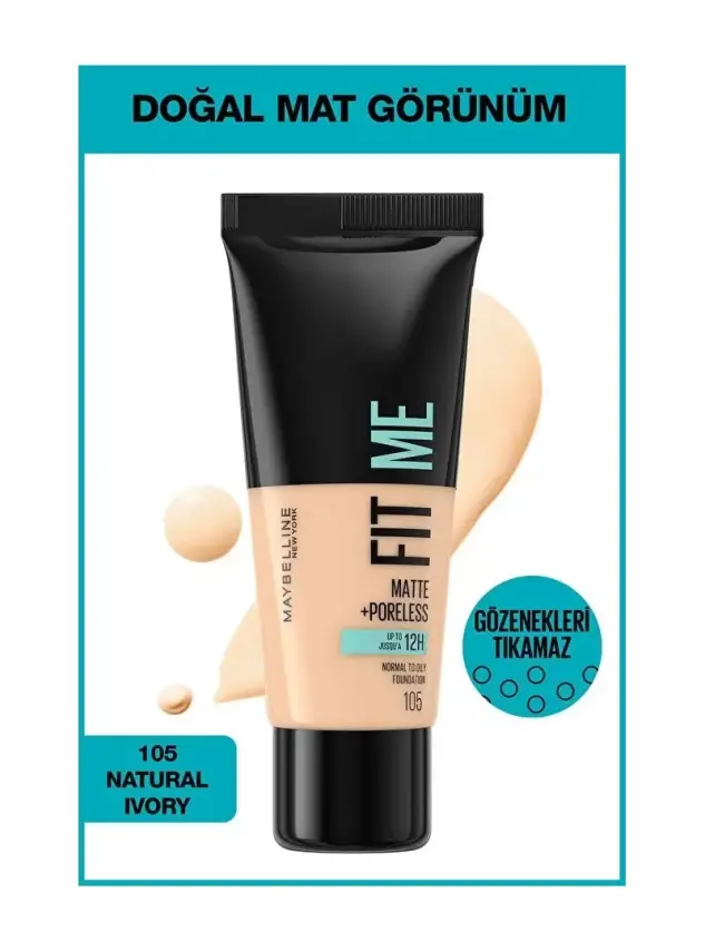 Maybelline New York Fit Me Matte+Poreless Fondöten - 105 Natural Ivory 30 ml - 1