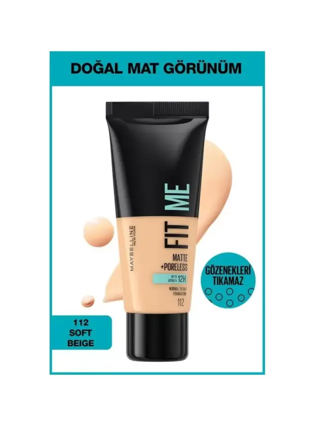 Maybelline New York Fit Me Matte+Poreless Fondöten - 112 Soft Beige 30 ml - 1