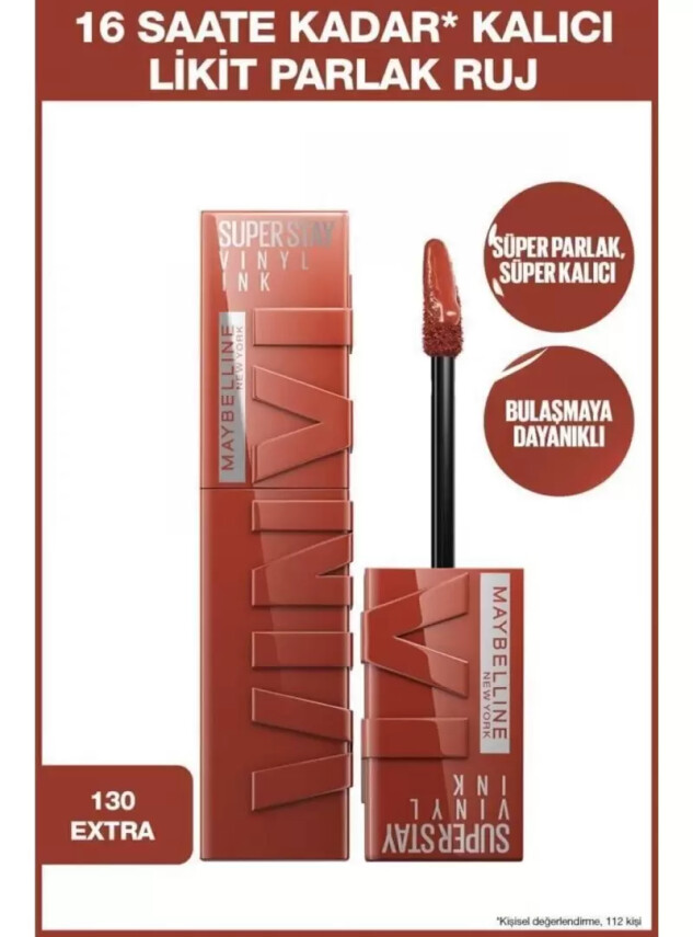 Maybelline New York Super Stay Vinyl Ink Uzun Süre Kalıcı Likit Parlak Ruj - 130 EXTRA - Maybelline