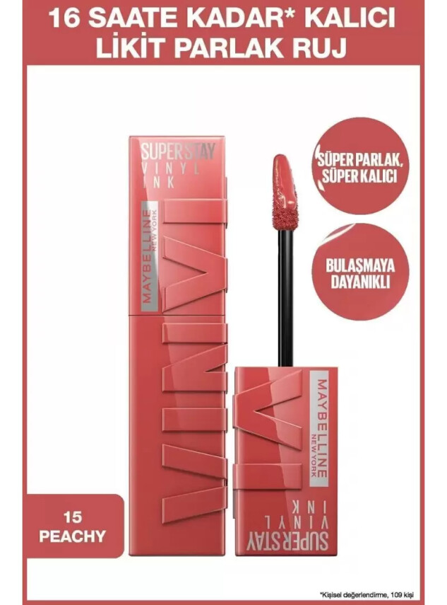 Maybelline New York Super Stay Vinyl Ink Uzun Süre Kalıcı Likit Parlak Ruj - 15 PEACHY - Maybelline