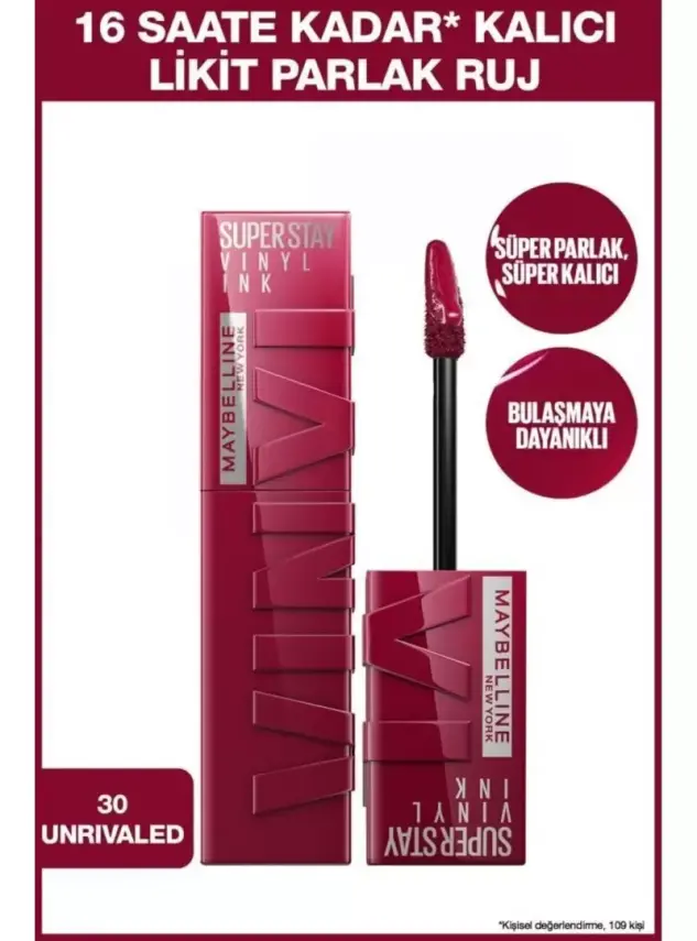 Maybelline New York Super Stay Vinyl Ink Uzun Süre Kalıcı Likit Parlak Ruj - 30 UNRIVALED - 1