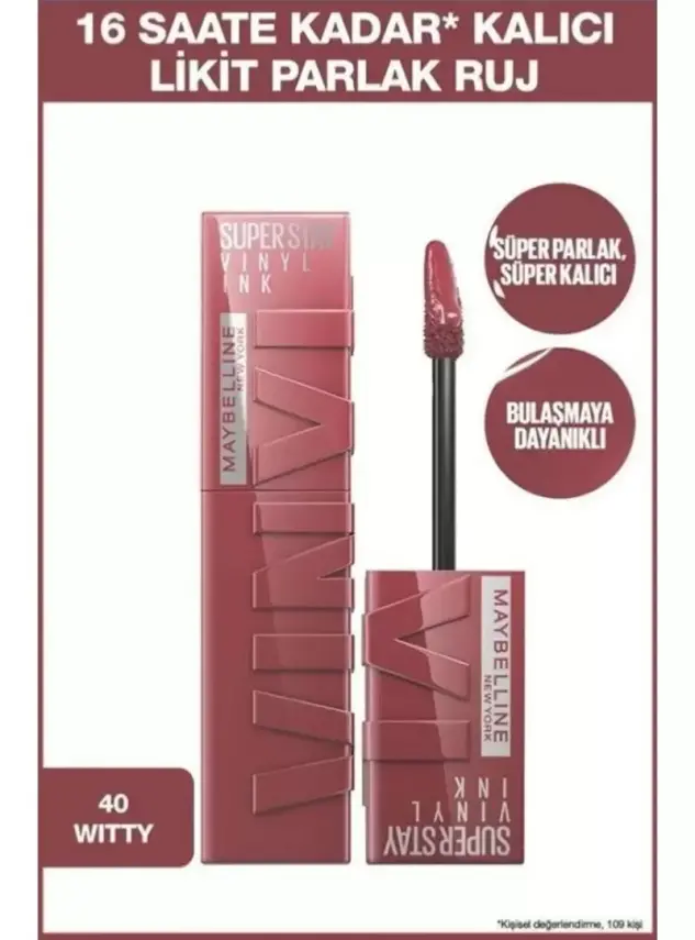 Maybelline New York Super Stay Vinyl Ink Uzun Süre Kalıcı Likit Parlak Ruj - 40 WITTY - 1