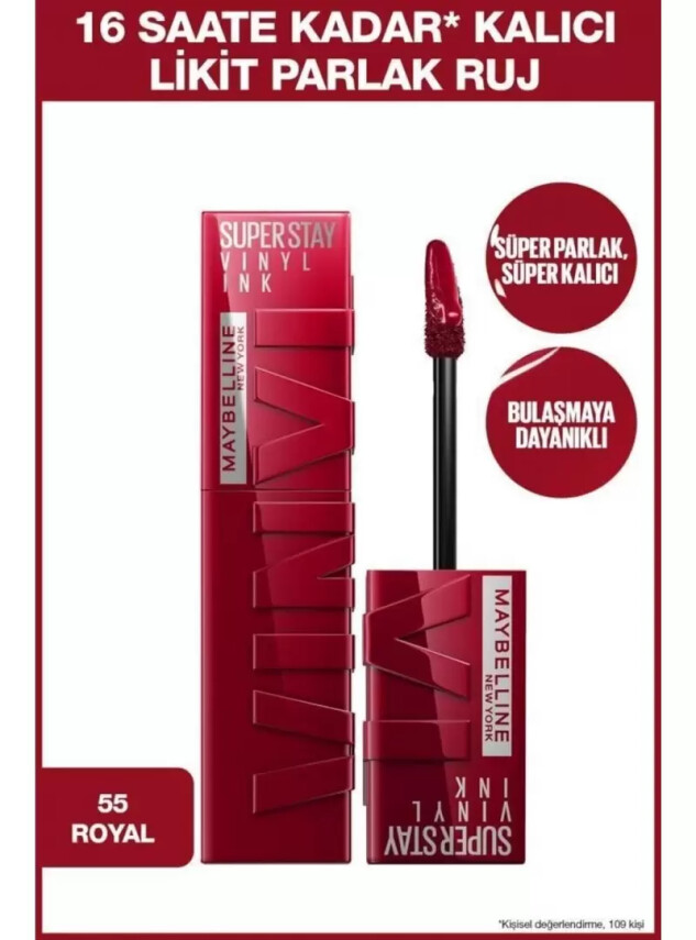 Maybelline New York Super Stay Vinyl Ink Uzun Süre Kalıcı Likit Parlak Ruj - 55 ROYAL - Maybelline