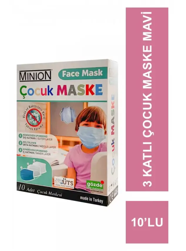 Minion Maske 3 Katlı Çocuk 10lu Mavi - 2