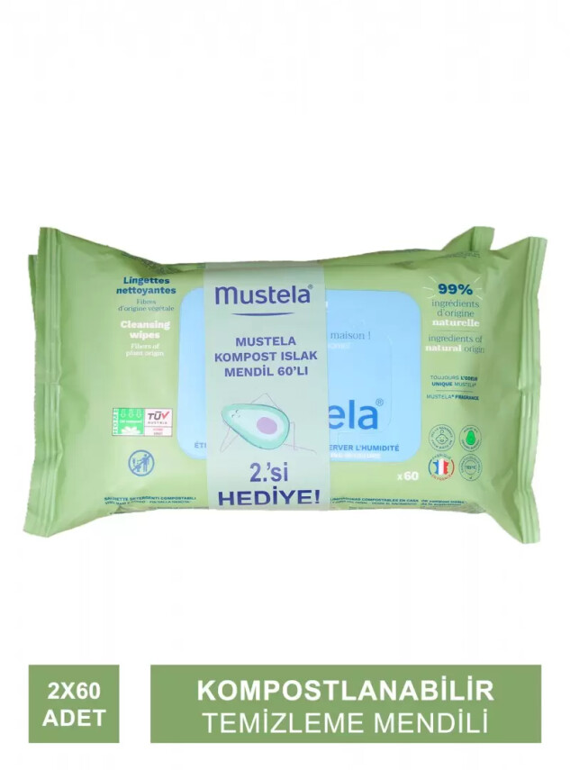 Mustela Compostable Cleansing Wipes - Kompostlanabilir Temizleme Mendili - 2 x 60 Adet - Mustela