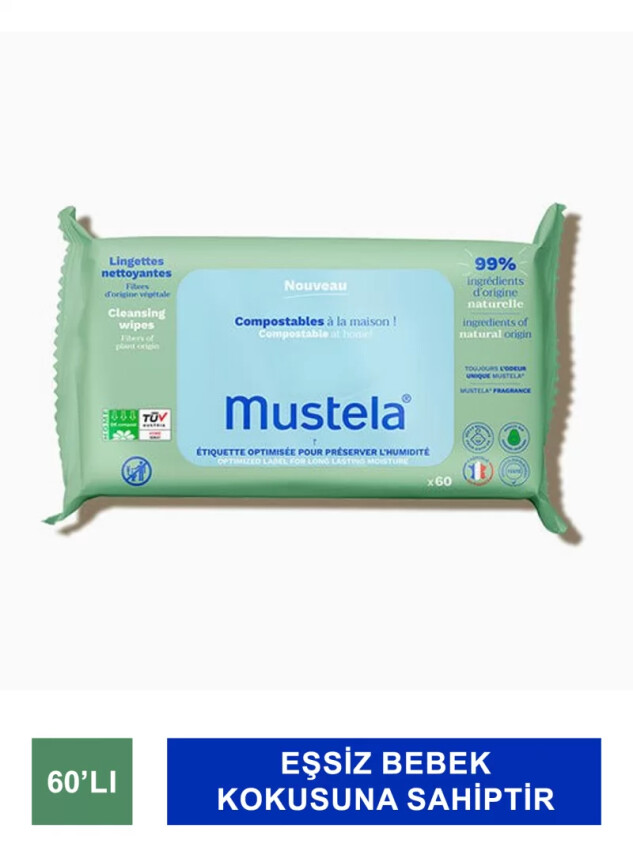 Mustela Compostable Cleansing Wipes - Kompostlanabilir Temizleme Mendili - 60 Adet - Mustela