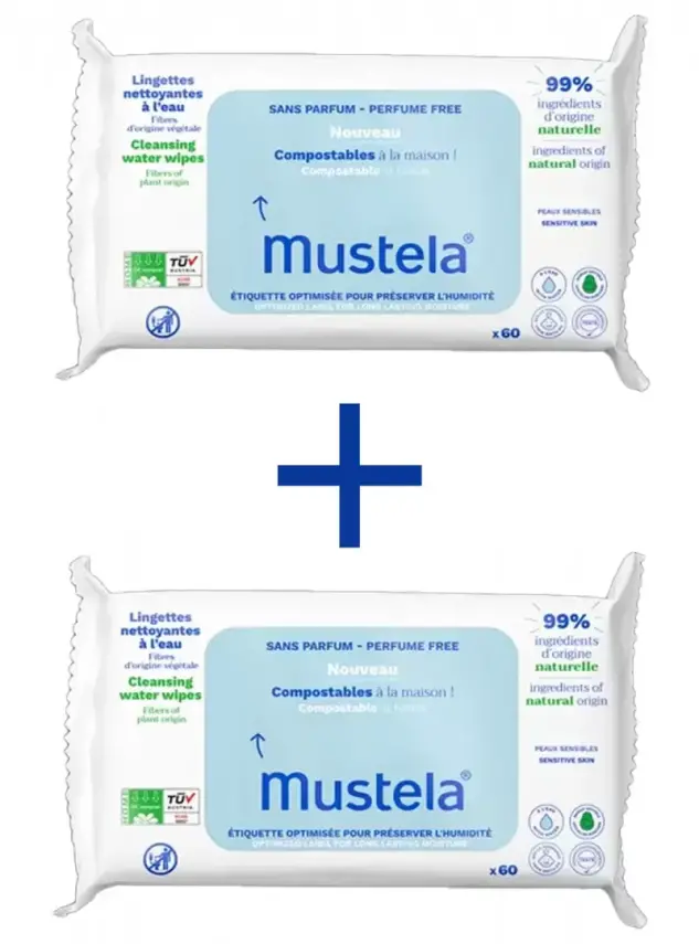 OUTLET - Mustela Kompost Edilebilir Su İçeren Islak Mendil -Parfümsüz- 2x60 Adet - 1