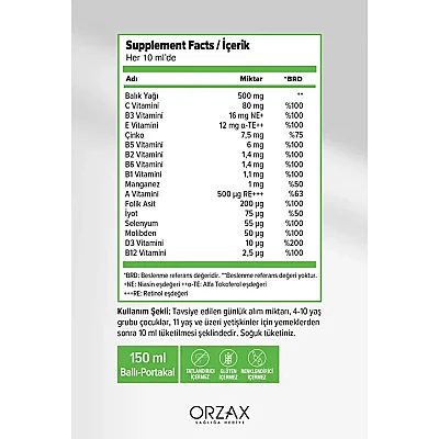 Ocean Multi Şurup Balık Yağı Bal ve Portakal Aromalı 150 ml - 2'li Set - - 3
