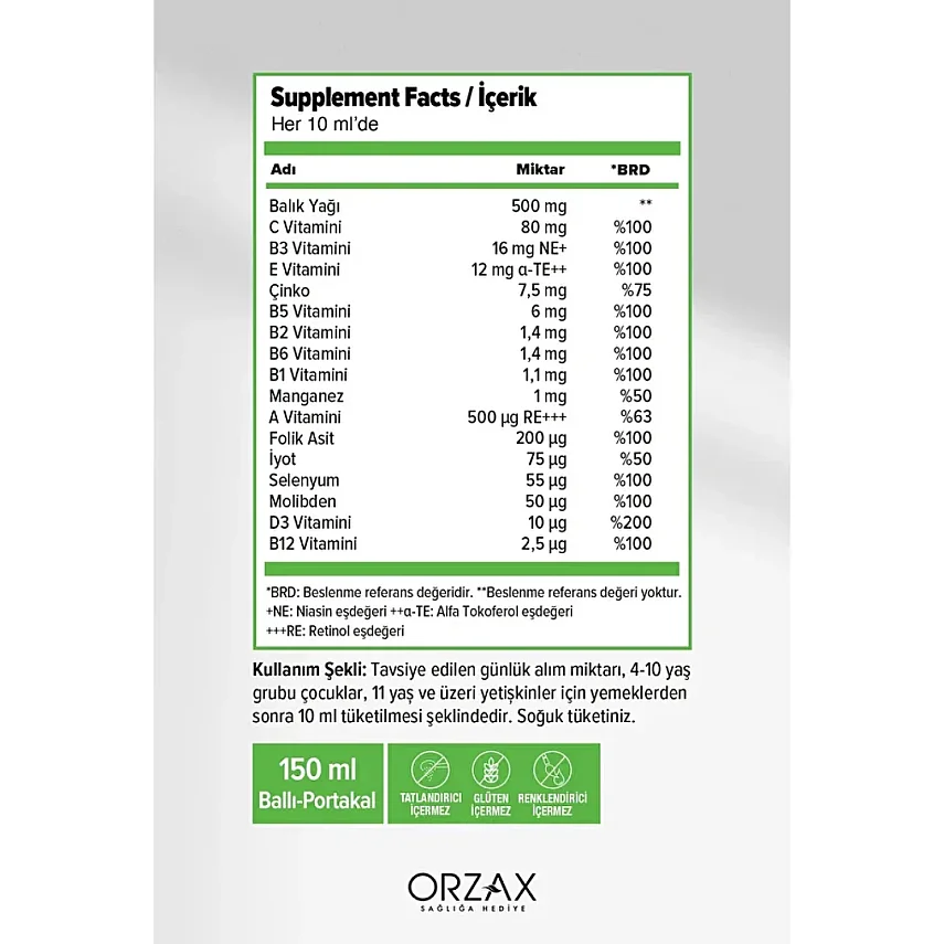Ocean Multi Şurup Balık Yağı Bal ve Portakal Aromalı 150 ml - 2'li Set - - 3