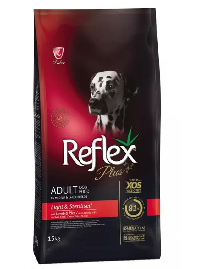 Reflex Plus Light Tüm Irklar için Kuzu Etli ve Pirinçli Kısırlaştırılmış Köpek Maması 15kg - 1