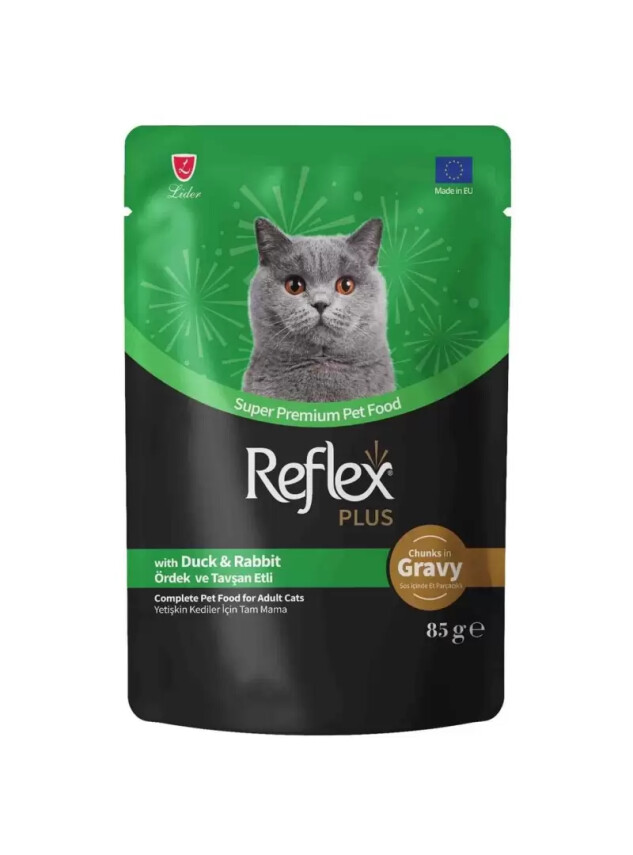 Reflex Plus Sos İçinde Et Parçacıklı Ördekli&Tavşanlı Yetişkin Kedi Maması 85 G - Reflex