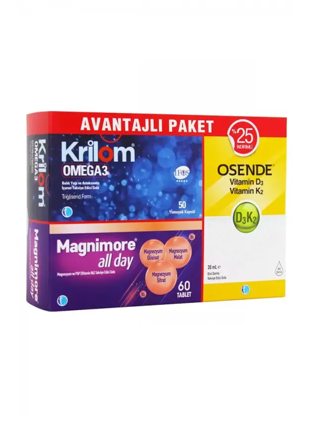 Tab İlaç Krilom Omega 3 50 Kapsül + Magnimore All Day 60 Tablet + Osende D3K2 20ml Damla | Avantajlı Paket - 1