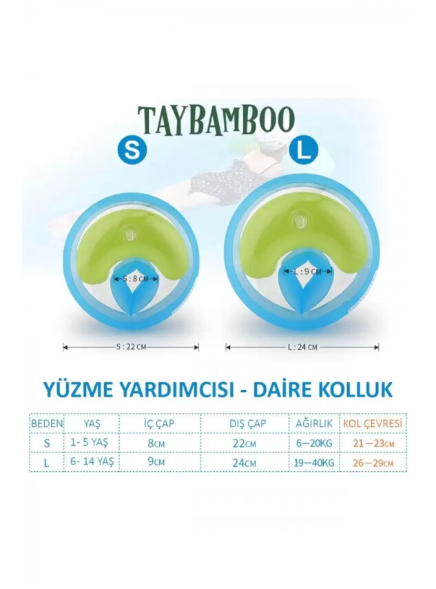 Taybamboo Classıcs Yuvarlak Üç Hava Odalı Yüzme Yardımcısı Kolluk - Yeşil - Large (6-14 Yaş 19-40kg) - Taybamboo