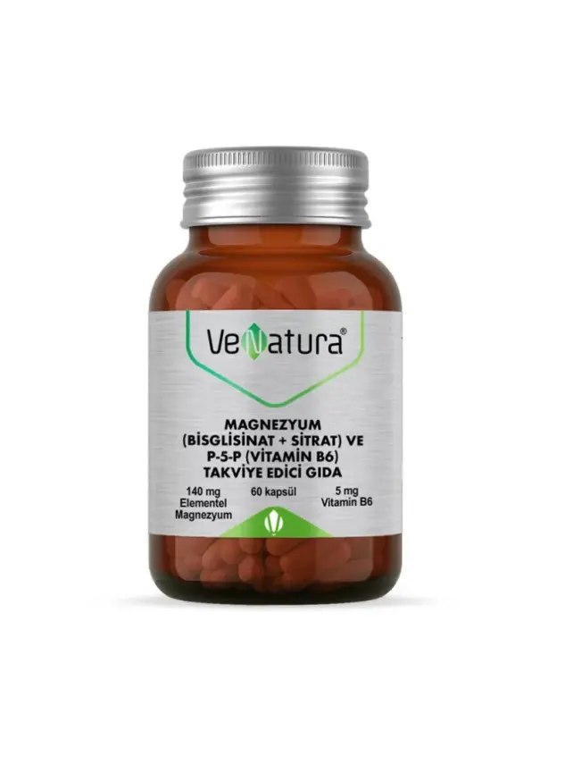 VeNatura Magnezyum -Bisglisinat+Sitrat- ve P5P -Vitamin B6- 60 Kapsül - 1