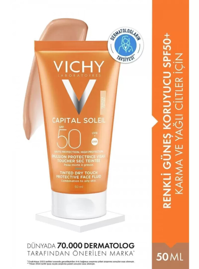 Vichy Capital Soleil Dry Touch Tinted Spf 50+ BB Emulsion 50ml Renkli Güneş Kremi - Vichy