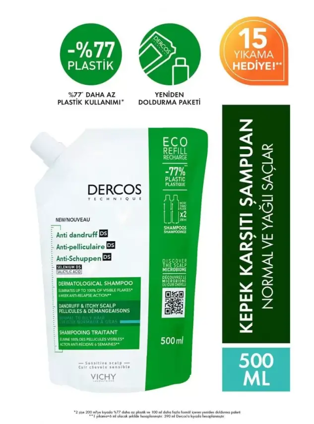 Vichy Dercos Anti Dandruff Kepek Karşıtı Şampuan - Normal ve Yağlı Saçlar - Refill - 500 ml - 1