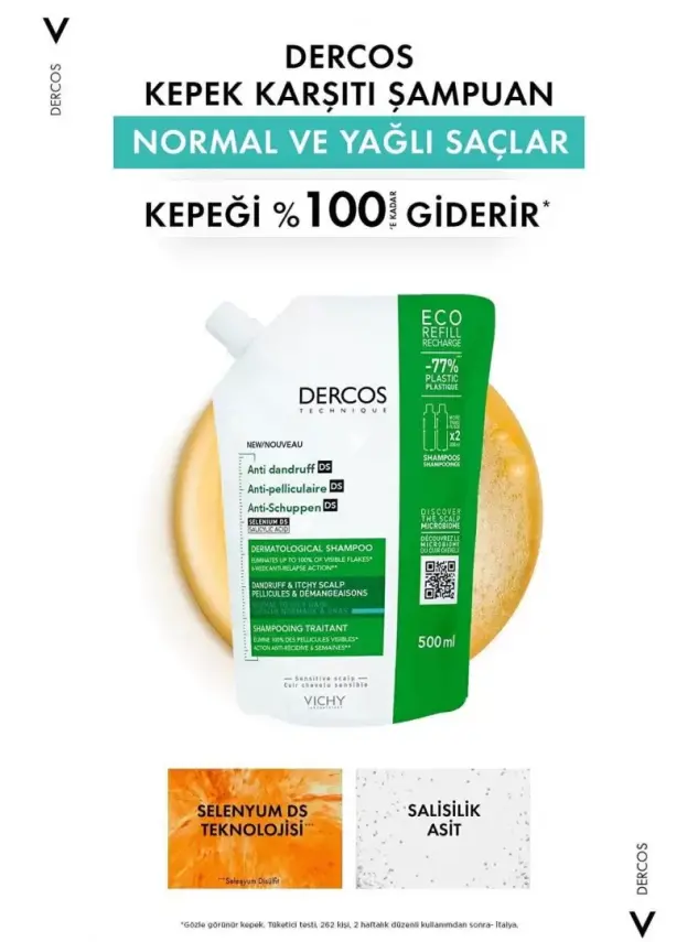 Vichy Dercos Anti Dandruff Kepek Karşıtı Şampuan - Normal ve Yağlı Saçlar - Refill - 500 ml - 3